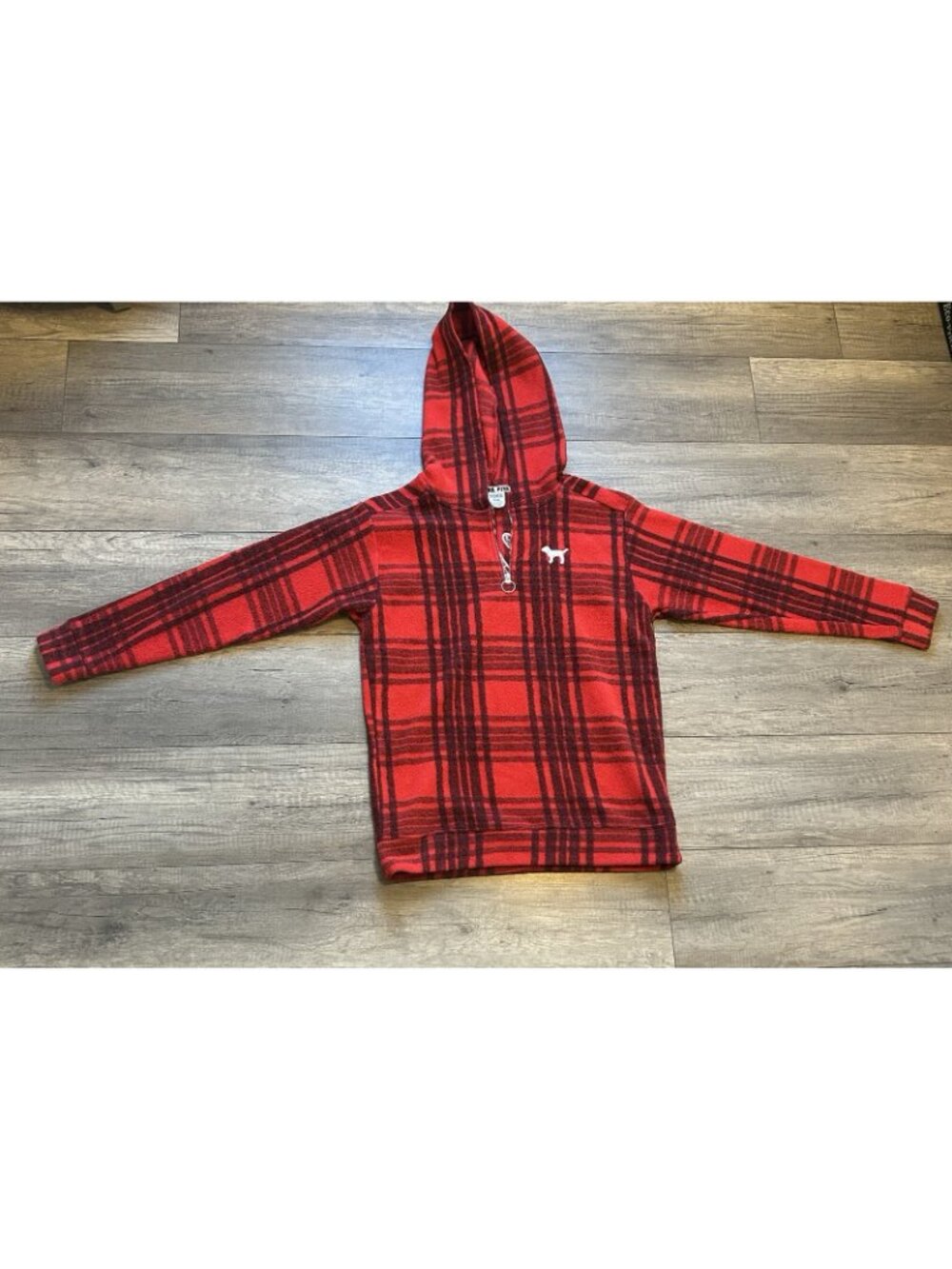 PINK Victoria's Secret Medium Polar Fleece Red Black Plaid Half-Zip Hoodie Gift - Picture 9 of 11